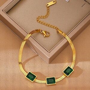 Emerald Green Zircon Gold Plated herringbone Bracelet